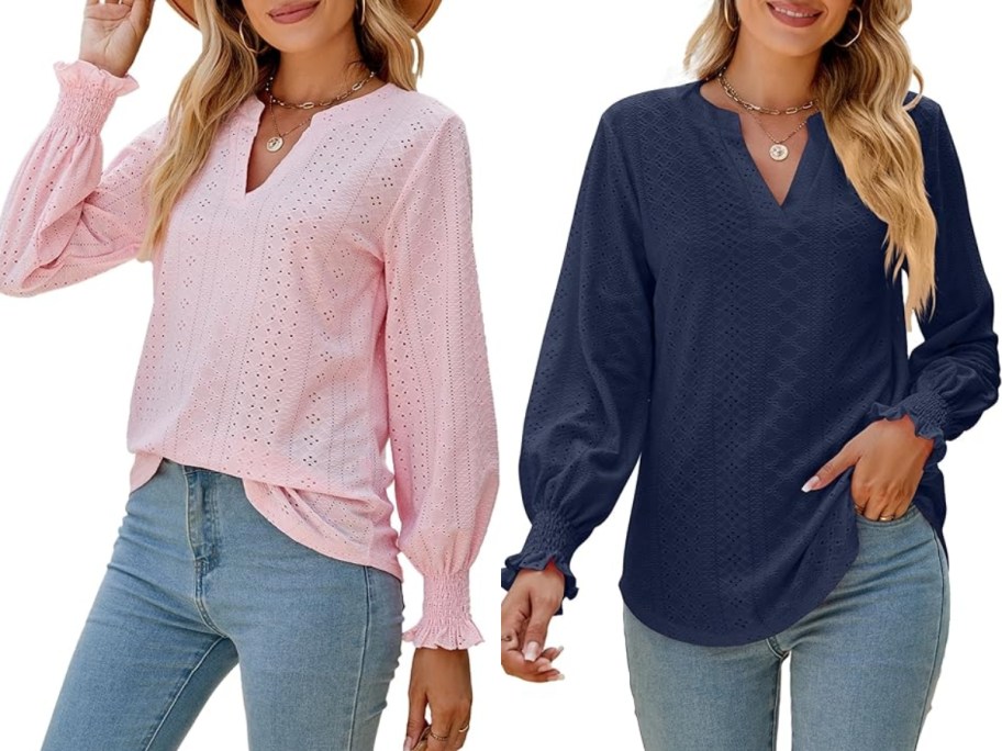 woman wearing a light pink long sleeve vneck blouse with eyelet details and jeans next to a woman waring the same outfit in a navy blue top