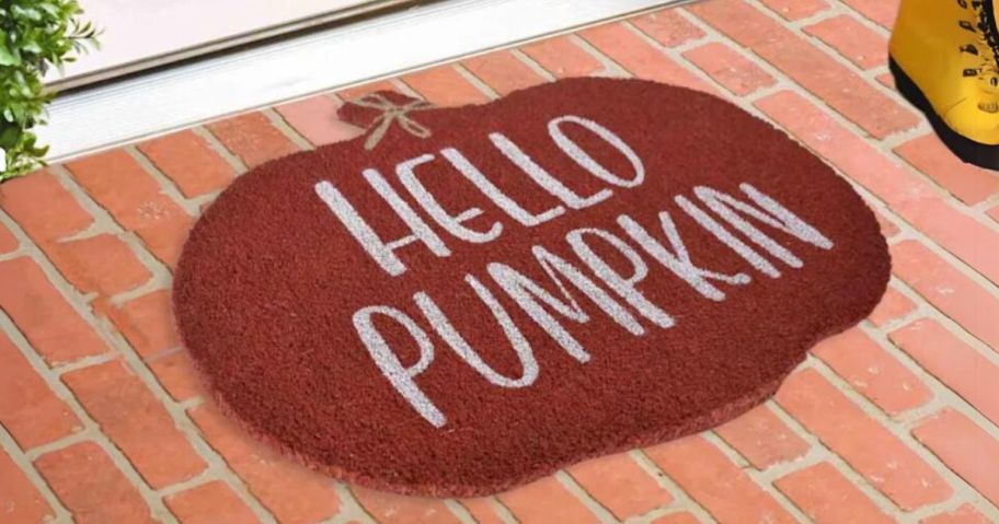 Hello Pumpkin Shaped Coir Mat 18 x 30 on doorstep