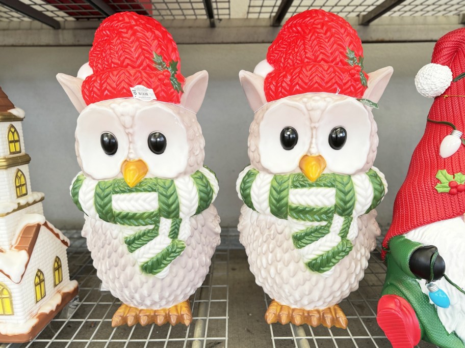 christmas owl blow molds on store shelf