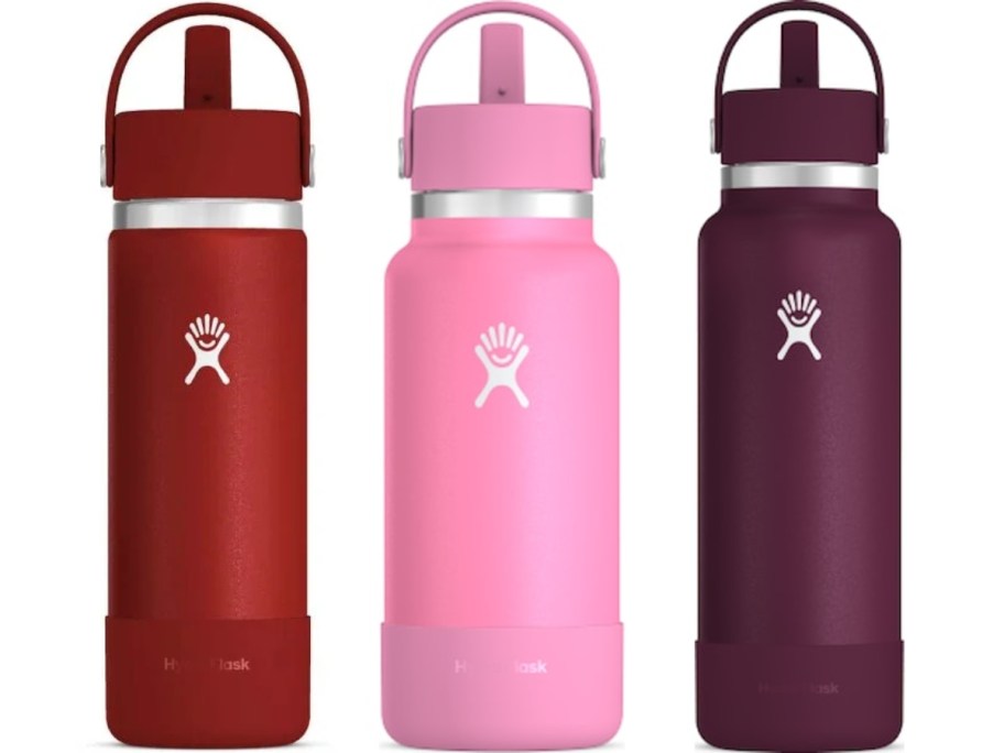 hydro flask bottles with wide mouth and flex straw lids in 3 sizes