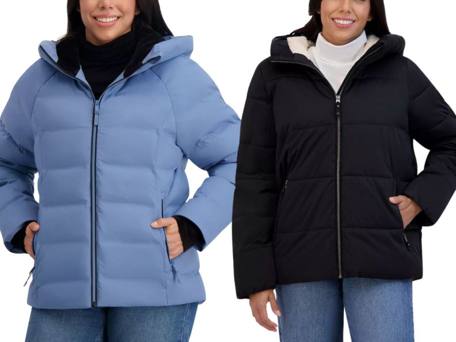 jackets in blue and black puffer options
