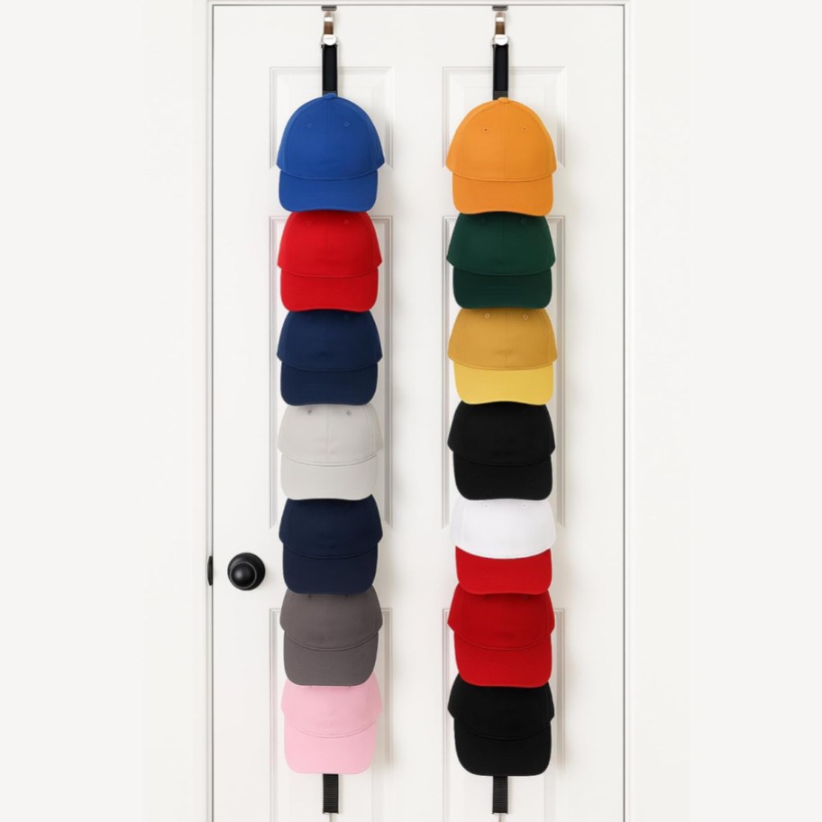 hat organizers hanging on the back of a door