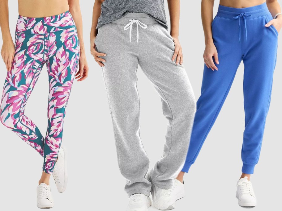 stock images of 3 woimen wearing Tech Gear sweatpants and leggings