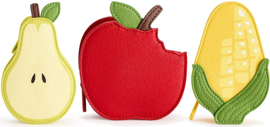 pear, apple, and corn coin pouches