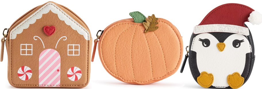 gingerbread house, pumpkin, and penguin coin pouches