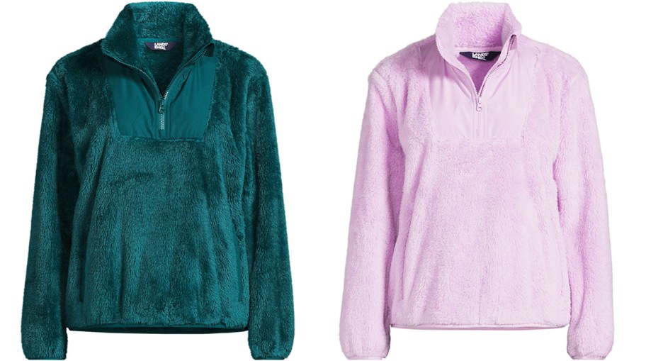 teal and light purple fleece pullovers