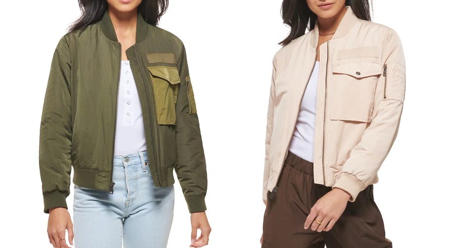 two women in army green and taupe colored bomber jackets