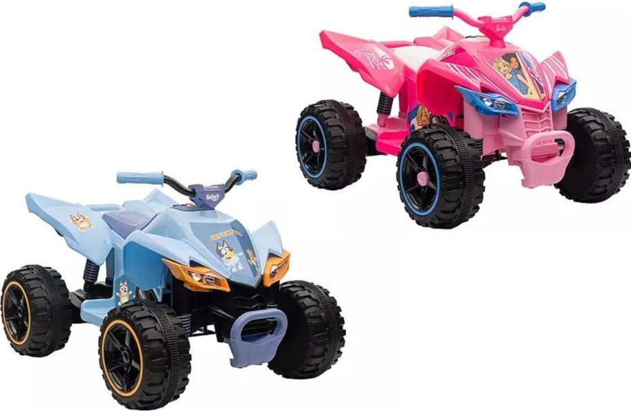 Stock image of Bluey and Barbie riding an ATV toy