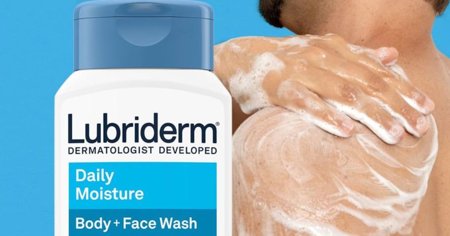 A man using Lubriderm Daily Moisture Hydrating Body & Face Wash