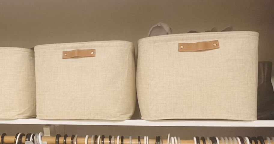 Mainstays Large Felt Storage Basket on closet shelf