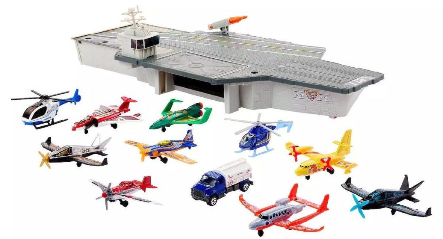 Mattel Matchbox Aircraft Carrier Model & Play Set w/ 10 Die-Cast Sky Buster Toy Airplanes & 1 Die-Cast Toy Car stock image