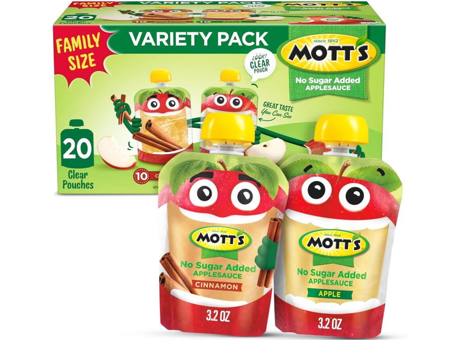 box of Mott's No Sugar Added Applesauce Pouches with two pouches in front of it