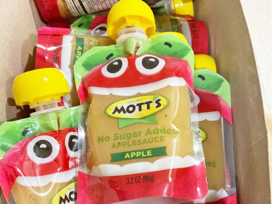 box full of Mott's No Sugar Added Applesauce Pouches