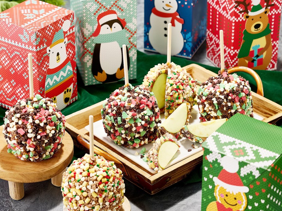 set of christmas caramel apples with gift boxes