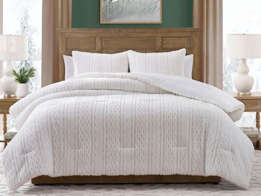 My Texas House Anabel Carved Fur 3-Piece White Faux Rabbit Fur Comforter Set on bed in bedroom