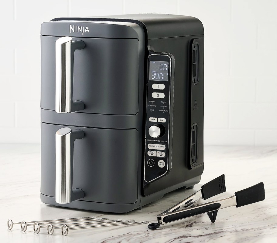 Ninja DoubleStack Air Fryer, Counter with Skewers and Tongs