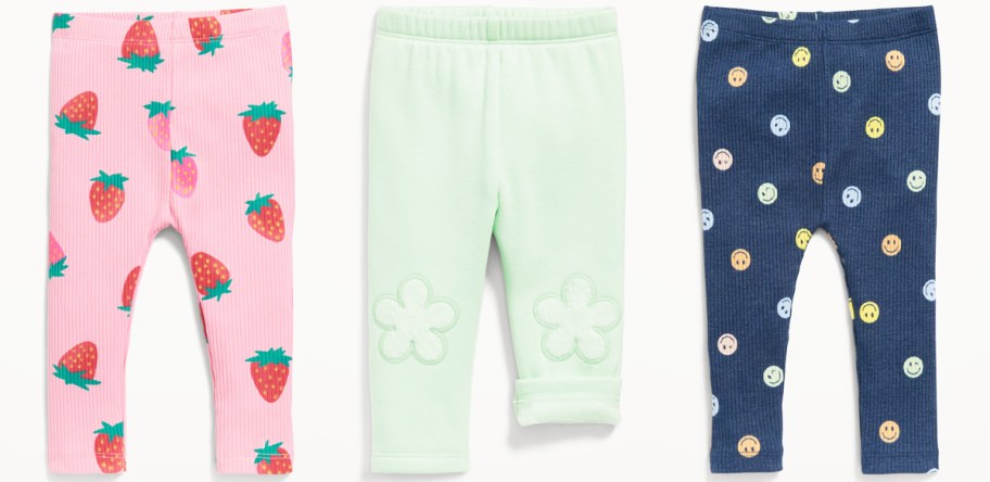 strawberry print, green fleece, and smiley face leggings