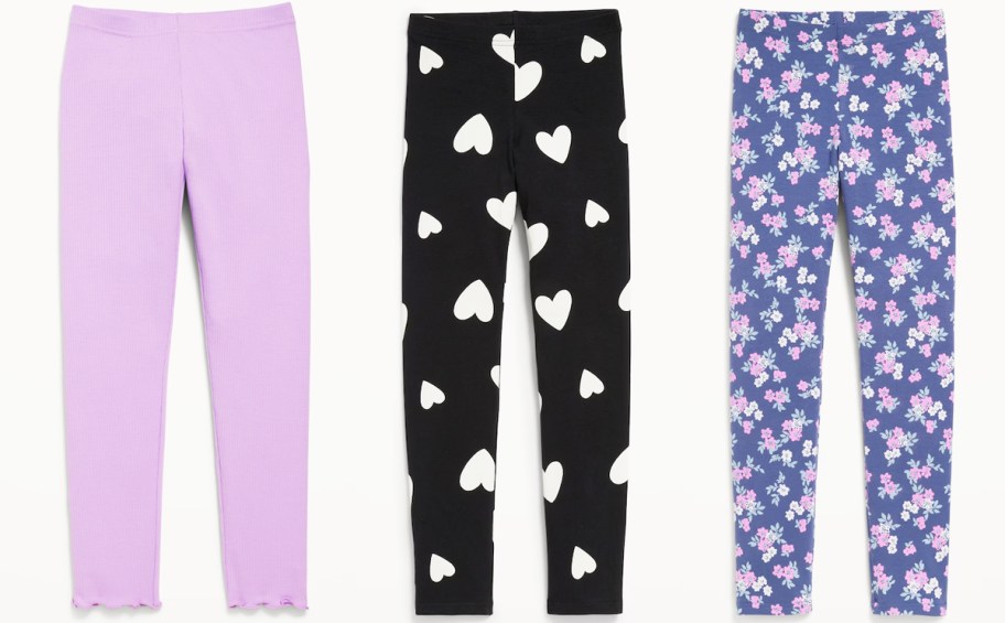 pink, heart print, and floral print pairs of leggings