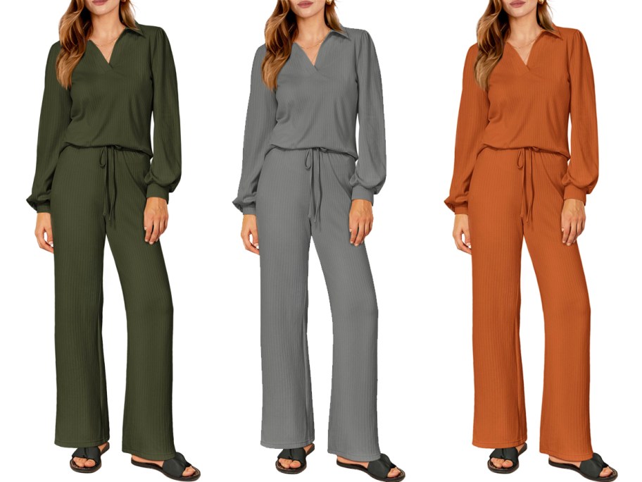 three women in green, grey and rust colored outfit sets