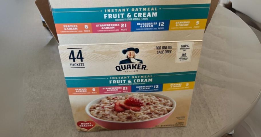 Quaker Instant Oatmeal Fruit & Cream Variety 44-Pack on table