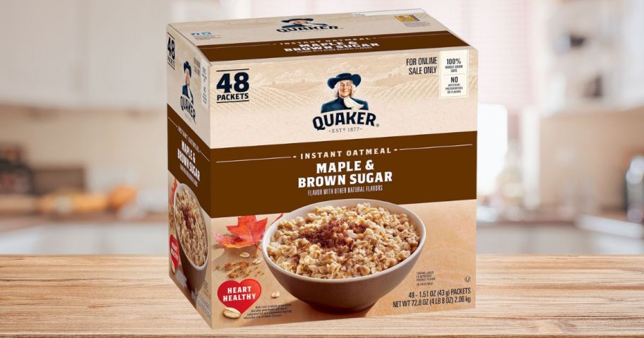 Quaker Instant Oatmeal Maple & Brown Sugar 48-Pack box on table