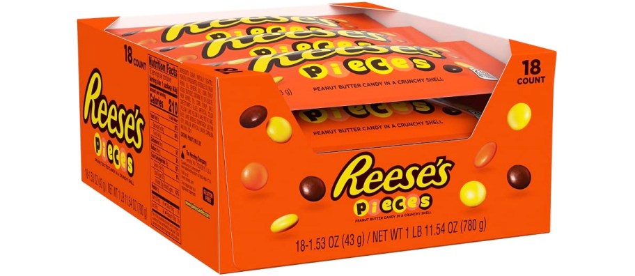 orange box of Reese's Pieces candies