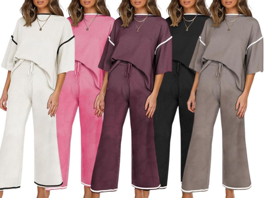 5 women wearing Shewin 2-Piece Lounge Sets in various colors