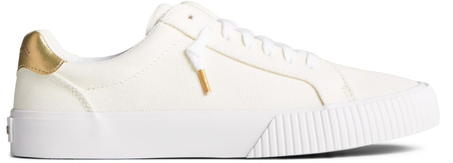 white sneaker with gold accents