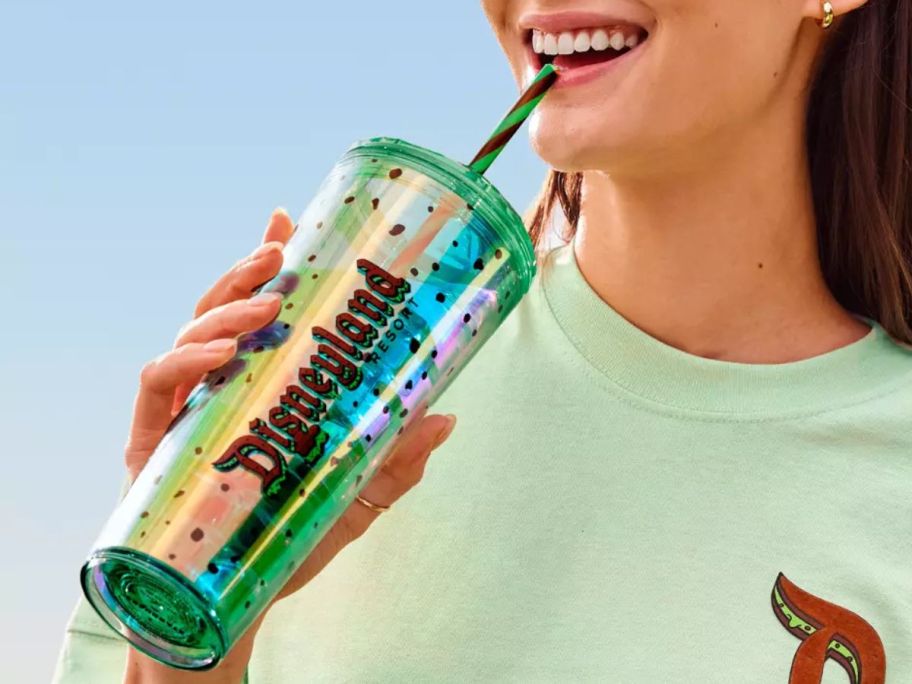 Woman Drinking from a Starbucks Disney Eats Ice Cream Sandwich Straw Tumbler