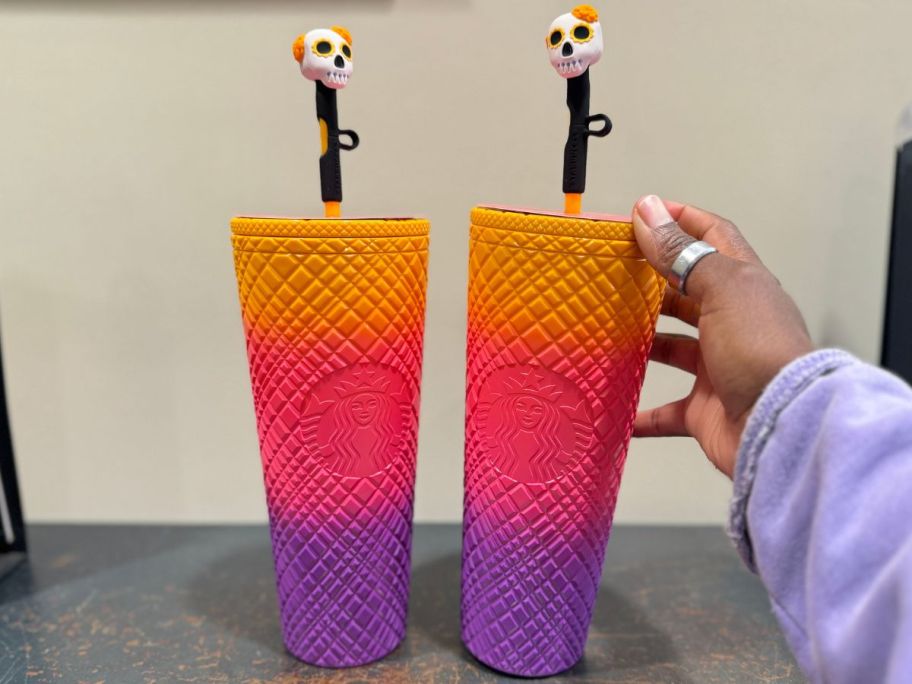 Two Starbucks Dia De Muertos 24oz Cold Cup w/ Sugar Skull Straw Toppers 