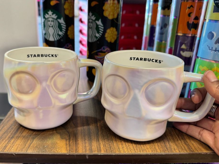 Starbucks Skull Halloween Mugs on a Shelf