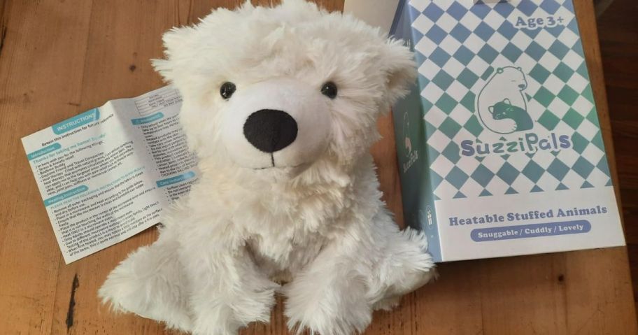 A plush polar bear on a table