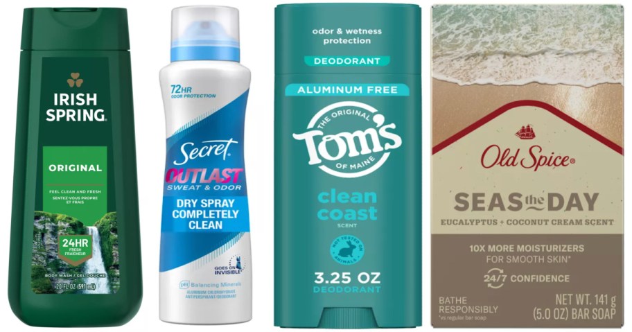 body wash, deodorant and bar soap