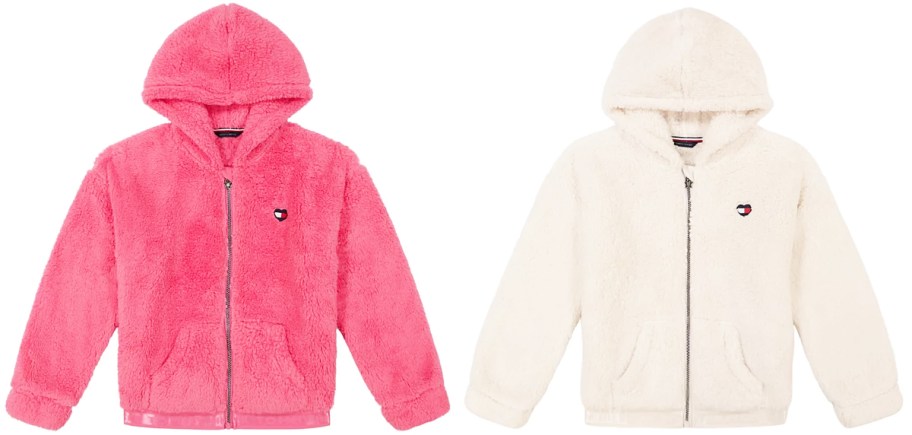 pink and white fuzzy zip-up hoodies