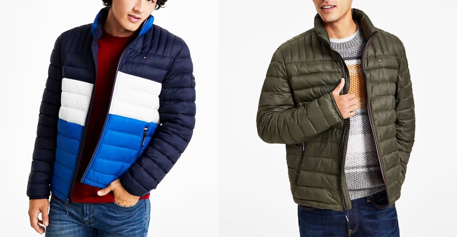 two men in blue and army green puffer jackets