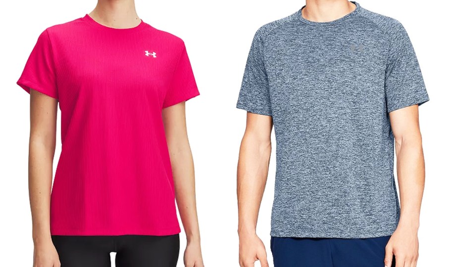 woman and man in pink and grey under armour shirts