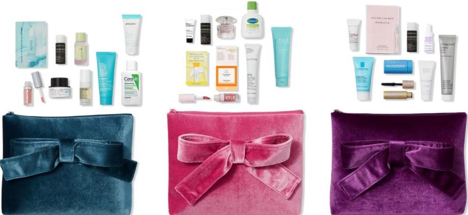 3 different ulta beauty free gift sets with velour makeup bags