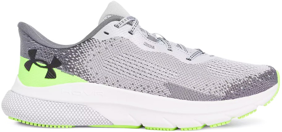 grey and green under armour running shoe
