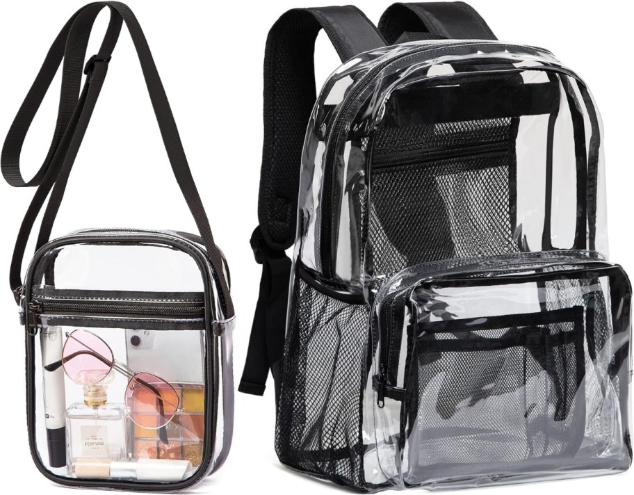 clear crossbody bag shown with a clear backpack