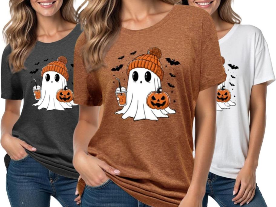 3 women wearing t-shirts with a ghosts on them