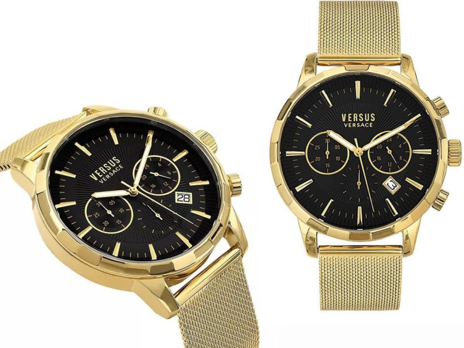 Side and front stock images of Versus Versace Men's Eugene Boxset 46MM Mesh Bracelet Watch