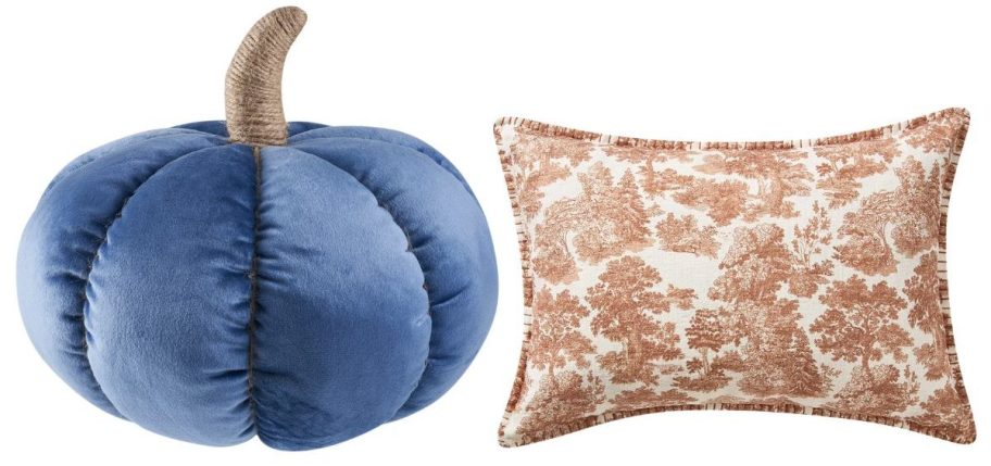 Way To Celebrate Blue Velvet Pumpkin-Shaped Decorative Pillow and My Texas House Halloween Forest Toile Rust Oblong Decorative Pillow