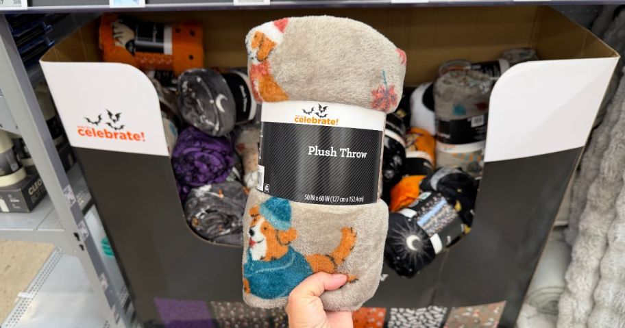 hand holding Way To Celebrate Plush Couch Throw Blanket in store