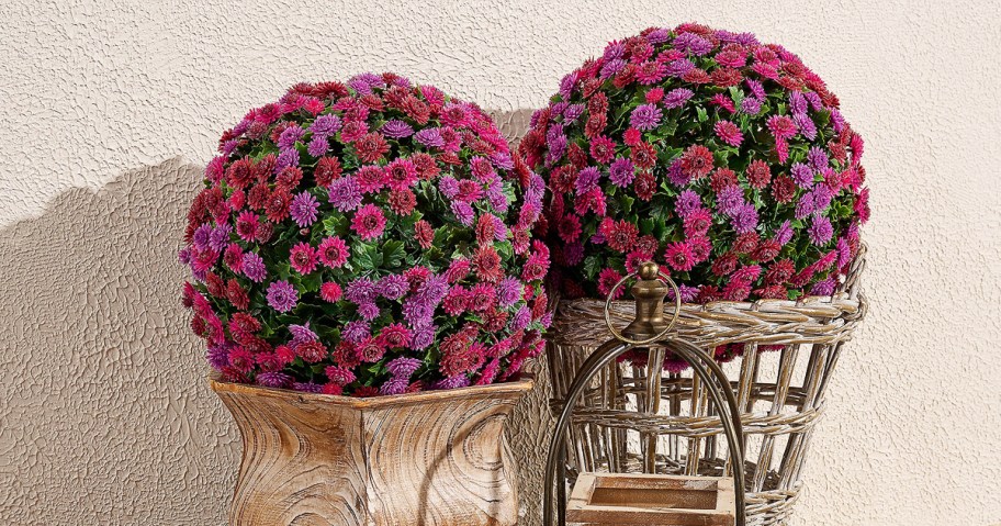 two purple faux mum spheres on planters