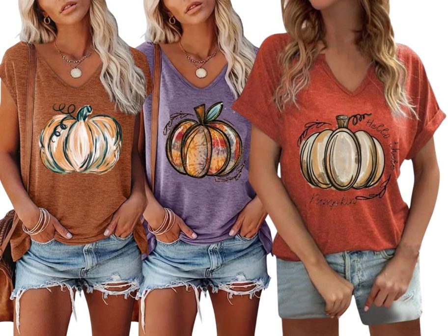 Women's Halloween Pumpkin V-Neck T-Shirts