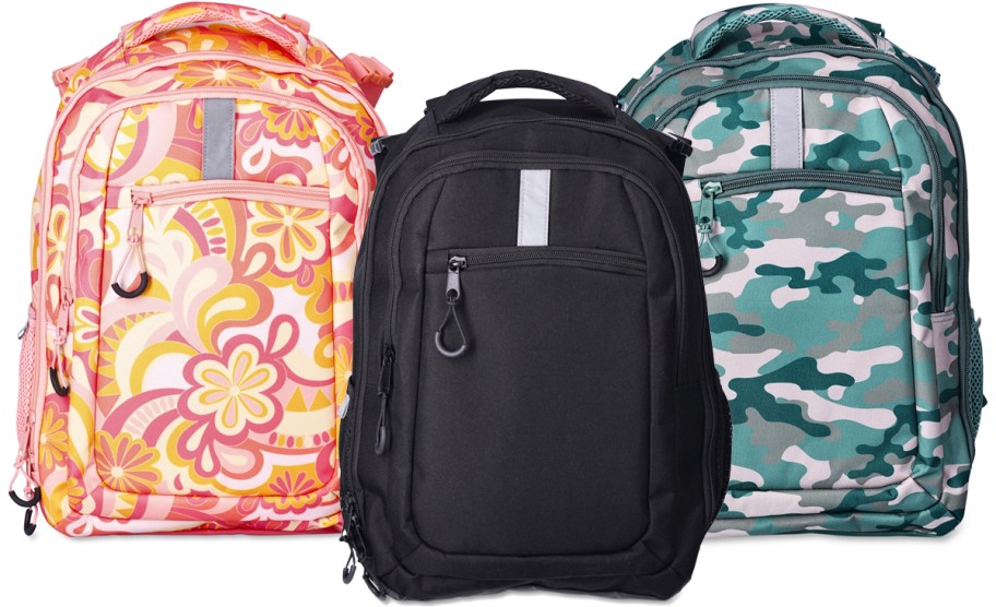 floral, camo print, and solid black backpacks