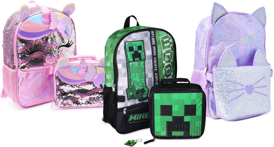 unicorn, minecraft, and cat themed backpack & lunchbox sets