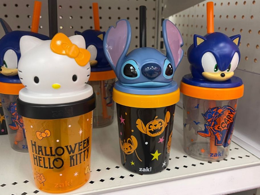 3 Zak Halloween Character Cups at Target featuring Hello Kitty, Stitch, and Sonic the Hedgehog.