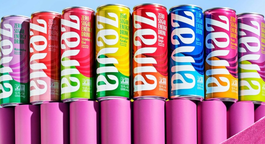 a variety of cans of Zevia Energy drinks 