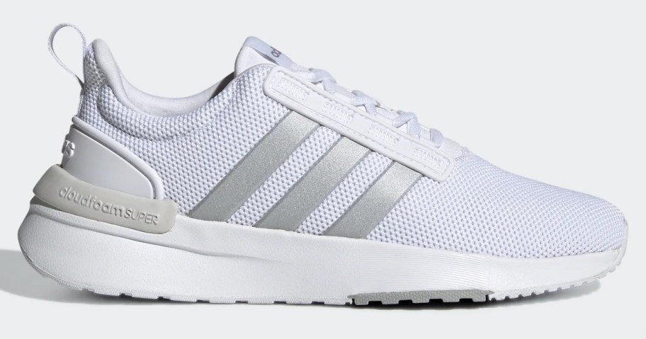 white and silver women's adidas running shoe